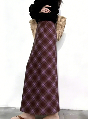 欧货高端定制紫色毛呢大码半身裙女2025冬季新款加厚格纹A字裙子