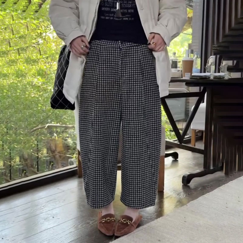 高端定制格子大码九分阔腿裤女