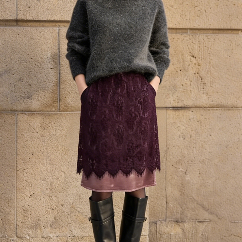 欧货高端定制酒红色蕾丝拼接大码半身裙女2026早春新款复古A字裙,女装/女士精品,大码半身裙,淘宝优惠券,粉丝福利购,淘宝优惠卷