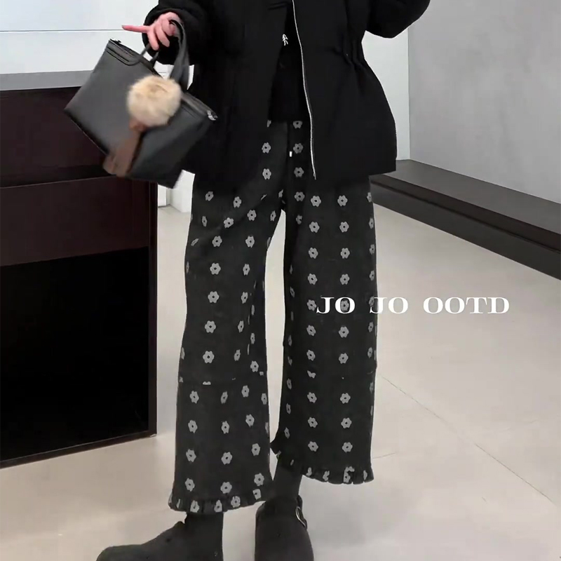 高端定制灰色毛呢窄版碎花直筒裤