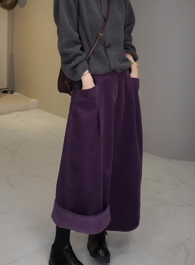高端定制紫色灯芯绒大码阔腿裤女2025秋冬新款显瘦宽松休闲风裤子