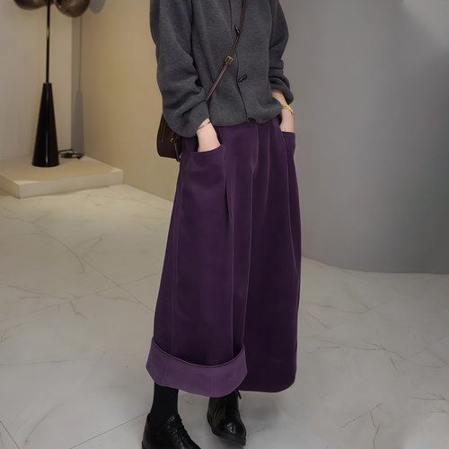 高端定制紫色灯芯绒大码阔腿裤子