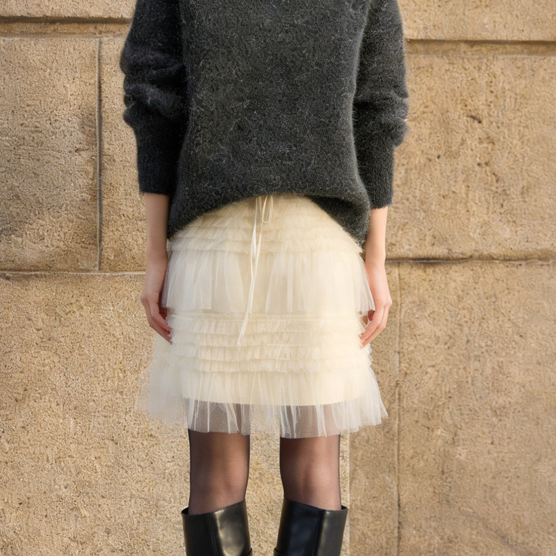 欧货高端定制米白色大码半身裙女2026早春新款多层网纱减龄A字裙,女装/女士精品,大码半身裙,淘宝优惠券,粉丝福利购,淘宝优惠卷