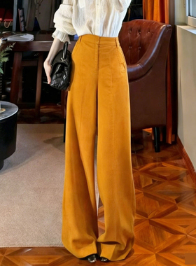 欧货高端定制橙色毛呢大码阔腿裤女2025冬季新款加厚慵懒风休闲裤