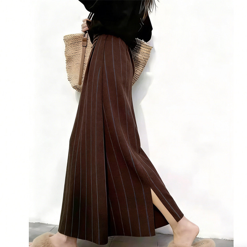 欧货高端定制深棕色毛呢大码半身裙女2026早春新款条纹轻熟A字裙,女装/女士精品,大码半身裙,淘宝优惠券,粉丝福利购,淘宝优惠卷