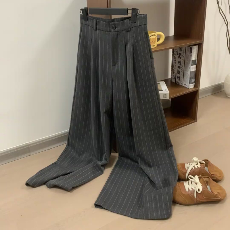 欧货高端定制灰色大码条纹西装阔腿裤女2025秋冬新款加厚休闲裤子