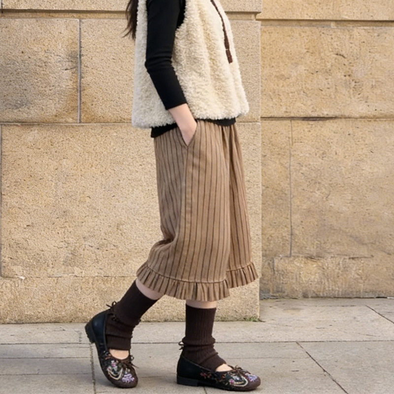 欧货高端定制奶茶棕色条纹大码阔腿裤女2026早春新款休闲直筒裤子,女装/女士精品,大码裤装,淘宝优惠券,粉丝福利购,淘宝优惠卷