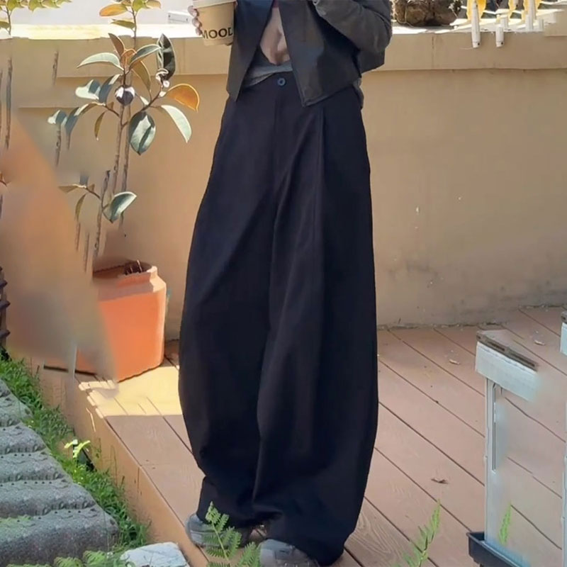 高端定制藏青色大码褶皱西装裤女
