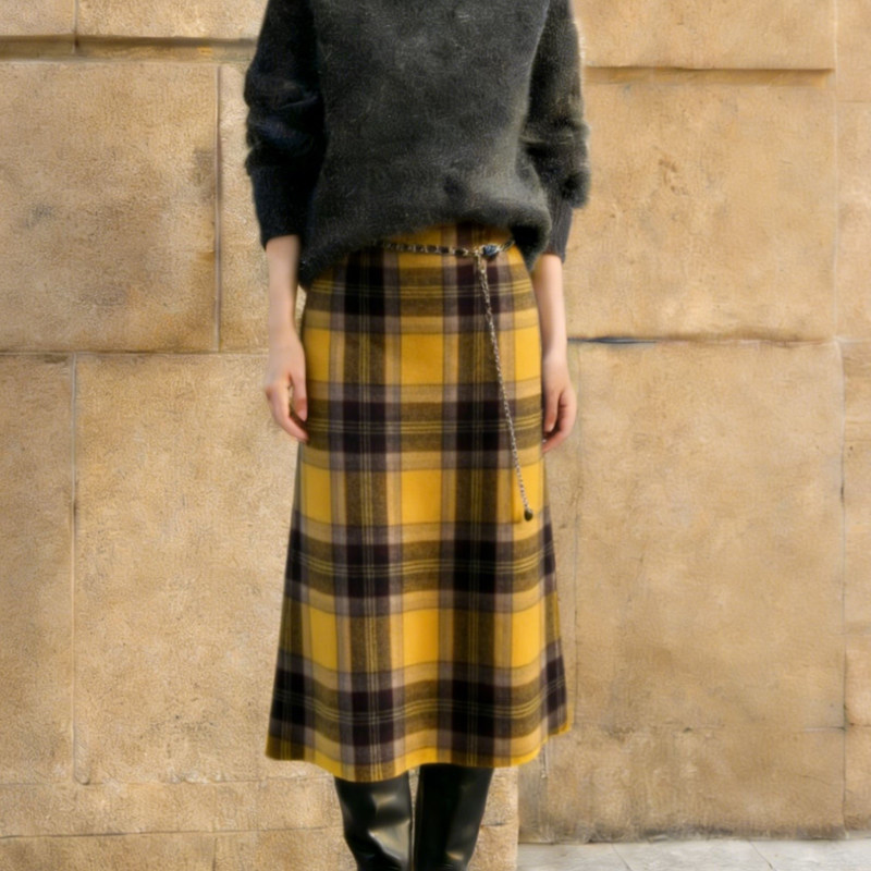 欧货高端定制黄棕色毛呢大码半身裙女2026早春新款格纹复古A字裙,女装/女士精品,大码半身裙,淘宝优惠券,粉丝福利购,淘宝优惠卷