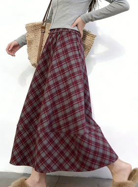 欧货高端定制灰红色格纹大码半身裙女2025冬季新款加厚减龄大摆裙