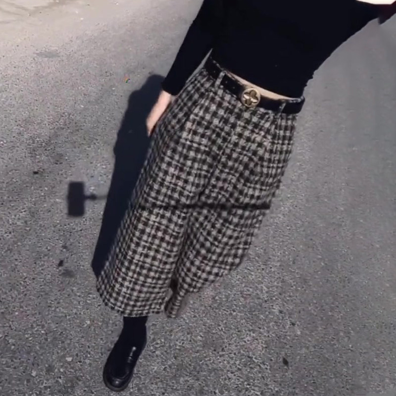 高端定制灰色毛呢大码格纹阔腿裤