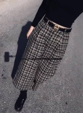 高端定制灰色毛呢大码格纹阔腿裤女2025冬季新款加厚慵懒风弯刀裤