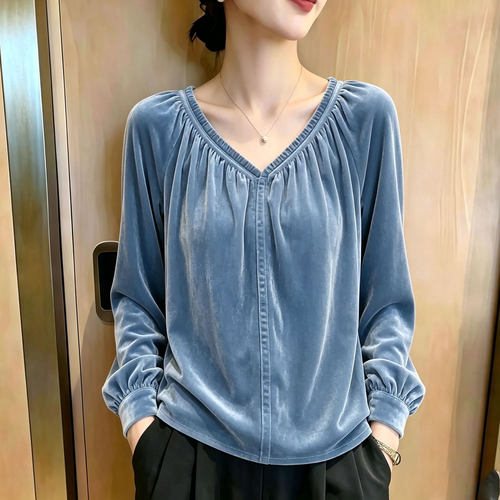 欧货高端雾霾蓝V领大码上衣女