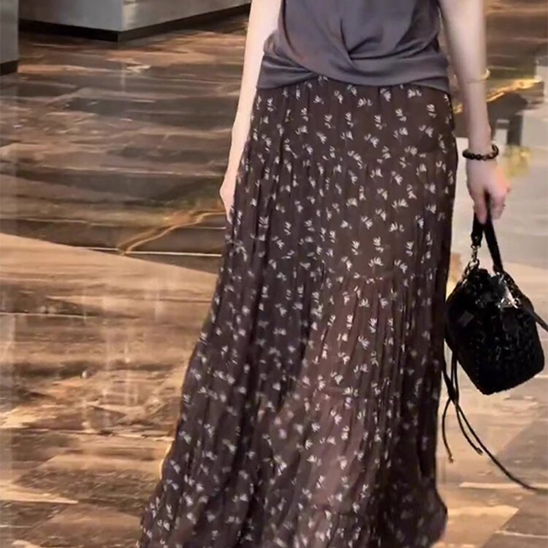 咖色碎花设计网纱气质半身裙女2025夏季新款松紧腰显瘦遮肉A字裙