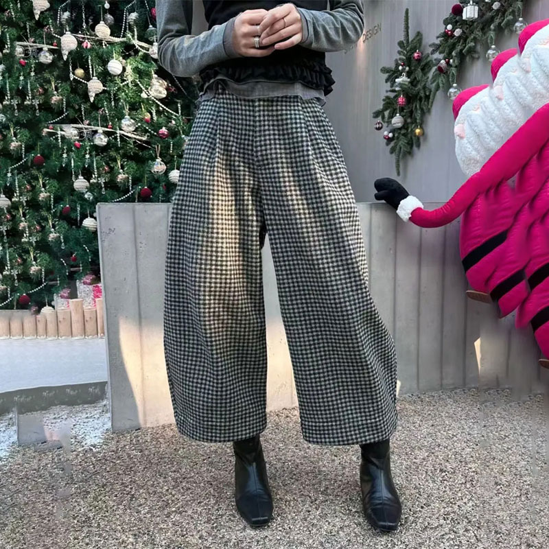欧货高端定制格子大码阔腿裤女2025冬季新款加厚慵懒风九分休闲裤