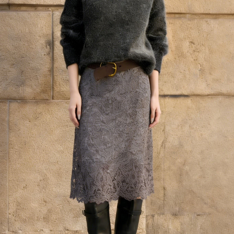 欧货高端定制浅灰色蕾丝大码半身裙女2026早春新款轻熟风A字裙子,女装/女士精品,大码半身裙,淘宝优惠券,粉丝福利购,淘宝优惠卷