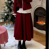 新款 欧货高端定制红色毛呢大码 半身裙女2025冬季 加厚减龄花苞裙子