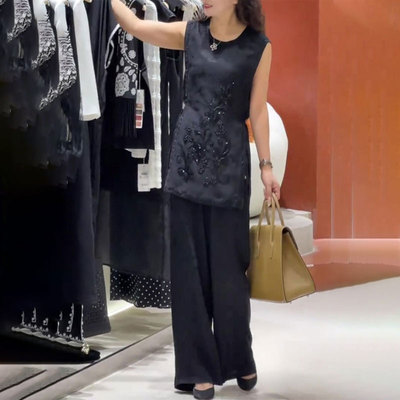 中式藏蓝色亮片上衣阔腿裤套装女