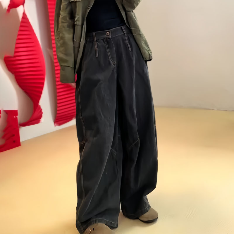 蓝色慵懒风大码工装阔腿裤女
