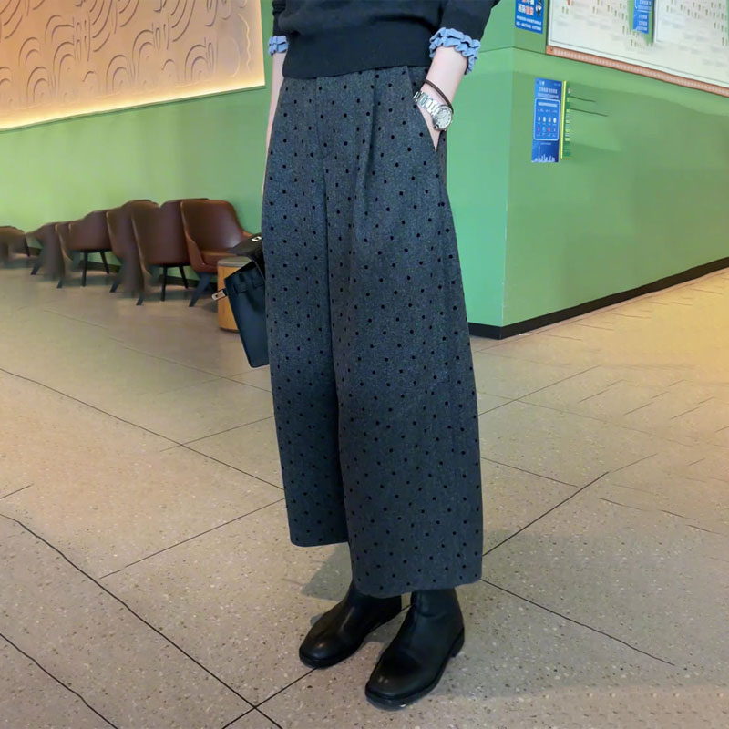 欧货高端定制灰色波点毛呢大码阔腿裤女2025秋冬新款加厚休闲裤子