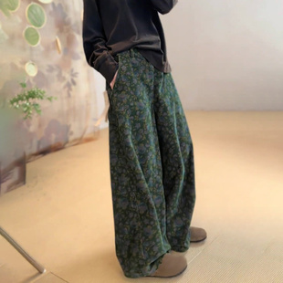 感棉麻阔腿裤 长裤 女2025冬季 气质休闲大码 新款 墨绿色复古印花时尚