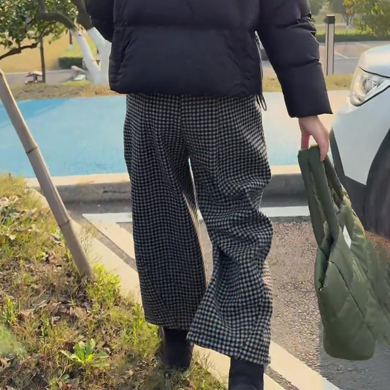 高端定制灰色毛呢大码格子阔腿裤