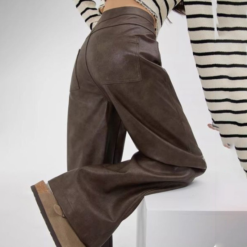 欧货高端定制棕色大码阔腿pu皮裤女2026早春新款松弛轻熟风休闲裤,女装/女士精品,大码裤装,淘宝优惠券,粉丝福利购,淘宝优惠卷