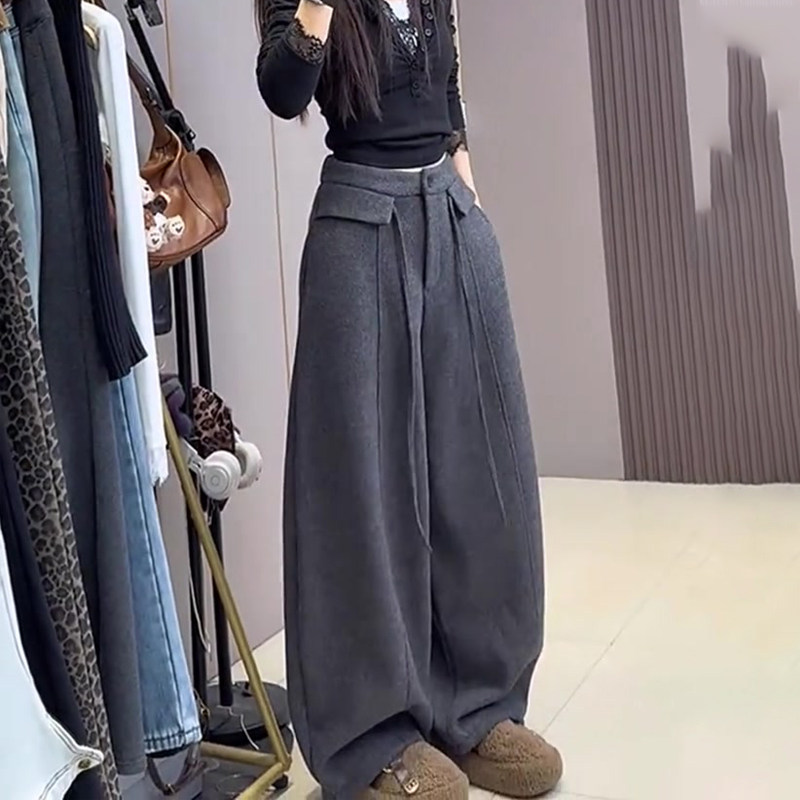 高端定制深灰色毛呢大码阔腿裤女
