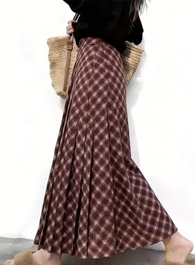 欧货高端定制红色格纹大码半身裙女2025冬季新款加厚减龄A字裙子