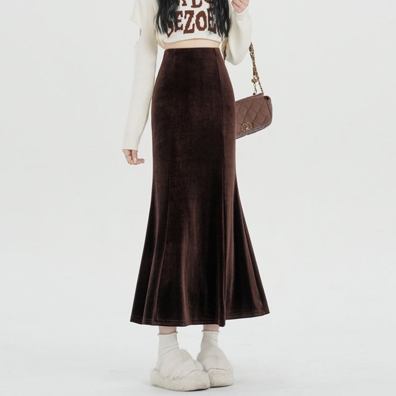 欧货高端定制棕褐色丝绒大码半身裙女2026早春新款轻熟风鱼尾裙子,女装/女士精品,大码半身裙,淘宝优惠券,粉丝福利购,淘宝优惠卷