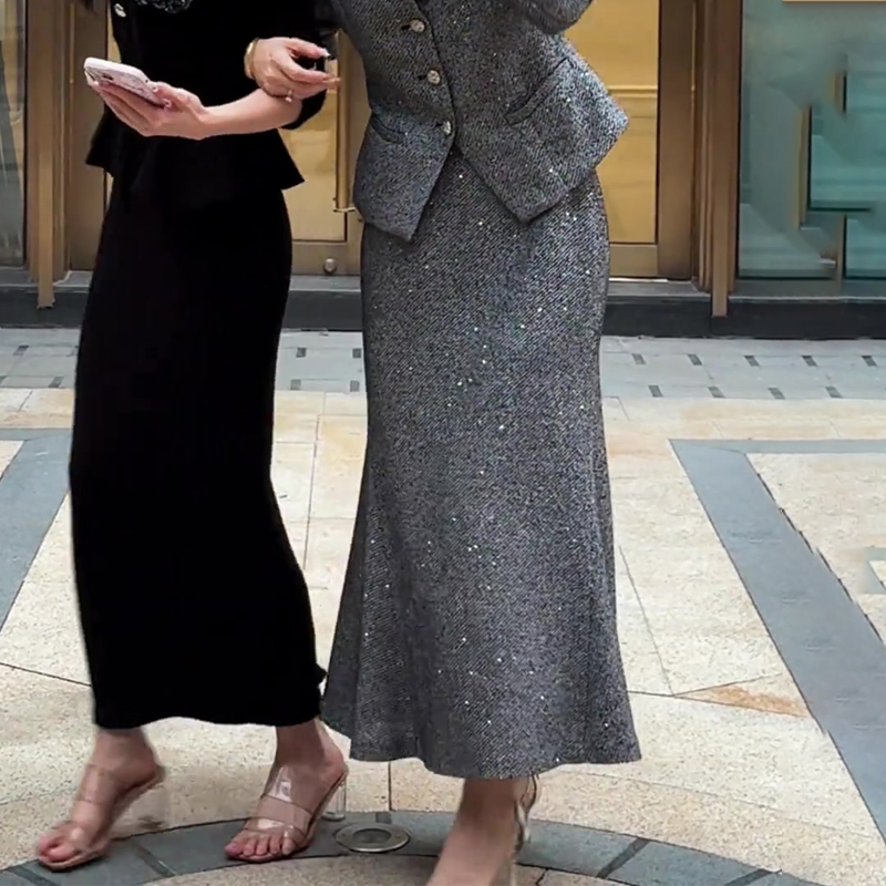 高端定制灰色毛呢大码细闪半身裙