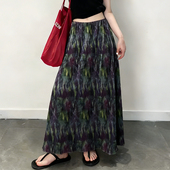 欧货高端定制紫绿色印花大码 半身裙女2026春夏新款 轻熟压褶大摆裙