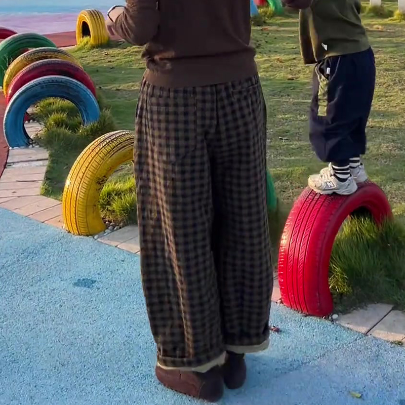 高端定制棕色毛呢大码格子阔腿裤