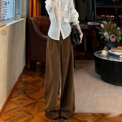 高端定制棕色灯芯绒大码阔腿裤女