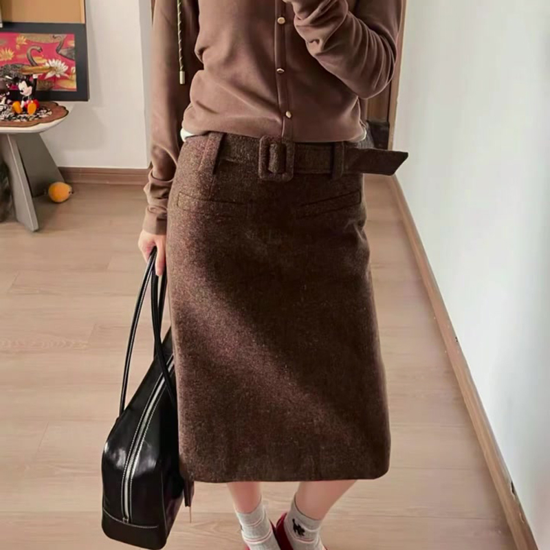 欧货高端定制棕色毛呢大码半身裙