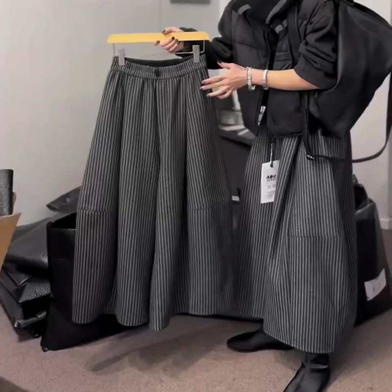 高端定制灰色毛呢大码条纹阔腿裤