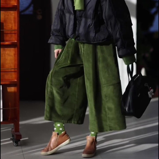 加厚慵懒风休闲裤 欧货高端定制森林绿色大码 新款 女2025冬季 阔腿裤