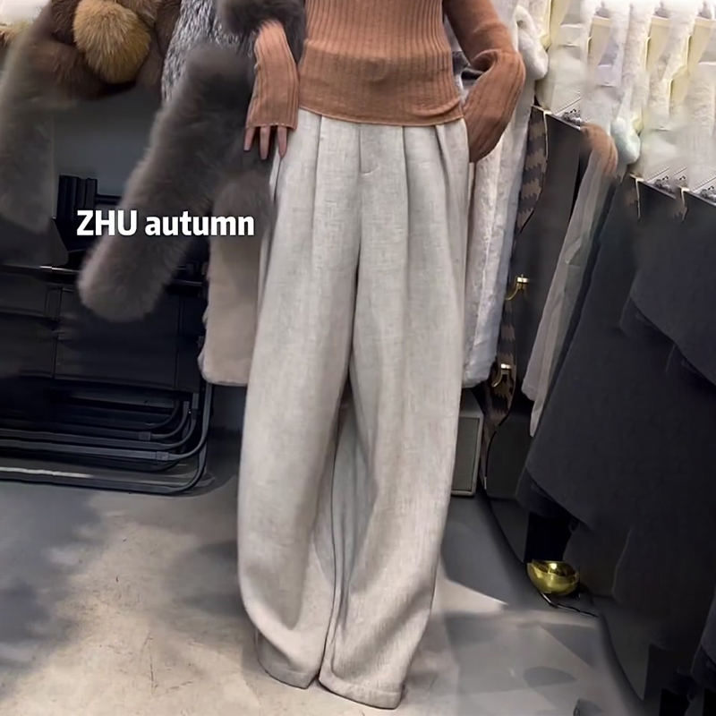高端定制浅灰色毛呢大码阔腿裤女
