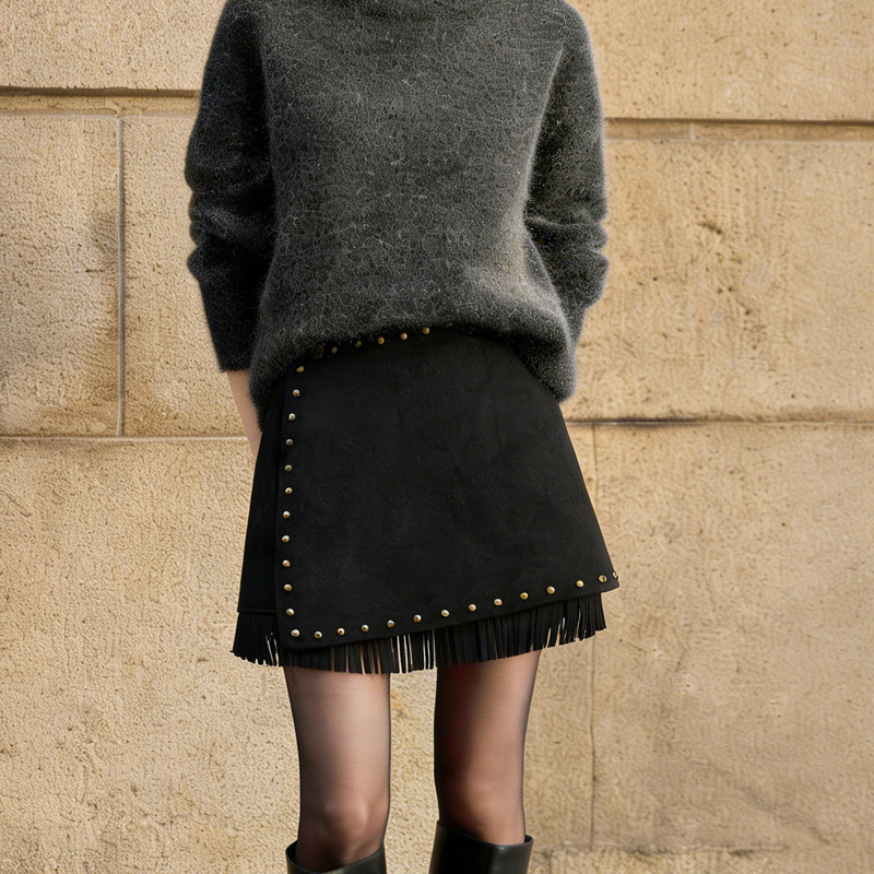 欧货高端定制黑色毛呢大码半身裙女2026早春新款铆钉流苏A字裙子,女装/女士精品,大码半身裙,淘宝优惠券,粉丝福利购,淘宝优惠卷