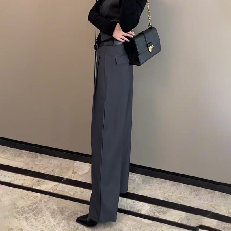 灰色高腰遮肚子轻职风西装阔腿裤女2025年春季新款欧货慵懒风长裤,女装/女士精品,大码裤装,淘宝优惠券,粉丝福利购,淘宝优惠卷