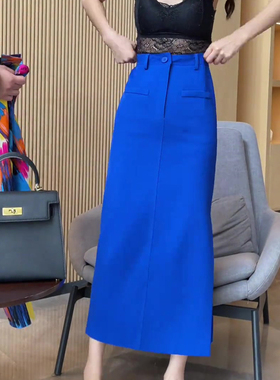 法式轻奢高级感蓝色A字裙2025冬季新品高腰修身显瘦气质百搭长裙