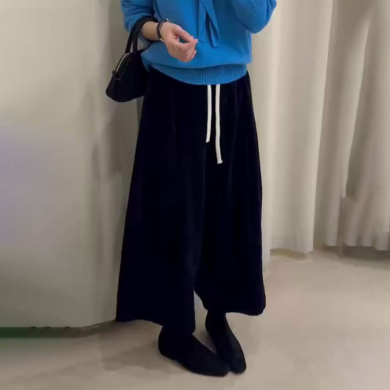 欧货高端定制藏蓝色大码阔腿裤女