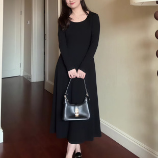 黑色时尚 定制百搭高档裙子 潮流简约方领长袖 连衣裙女2025早秋新款