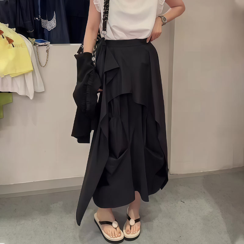 黑色不规则压褶设计师款半身裙女2025夏季新款时尚高腰百搭A字裙