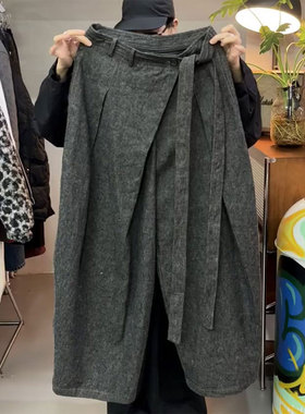 欧货高端定制灰色毛呢大码阔腿裤女2026春季新款加厚绑带休闲裤子