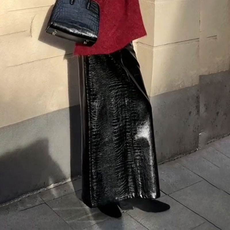 欧货高端定制黑色大码半身皮裙女