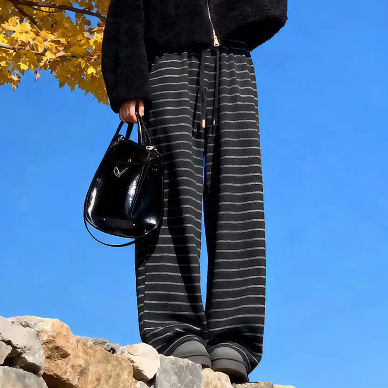 欧货高端定制灰色条纹大码阔腿裤