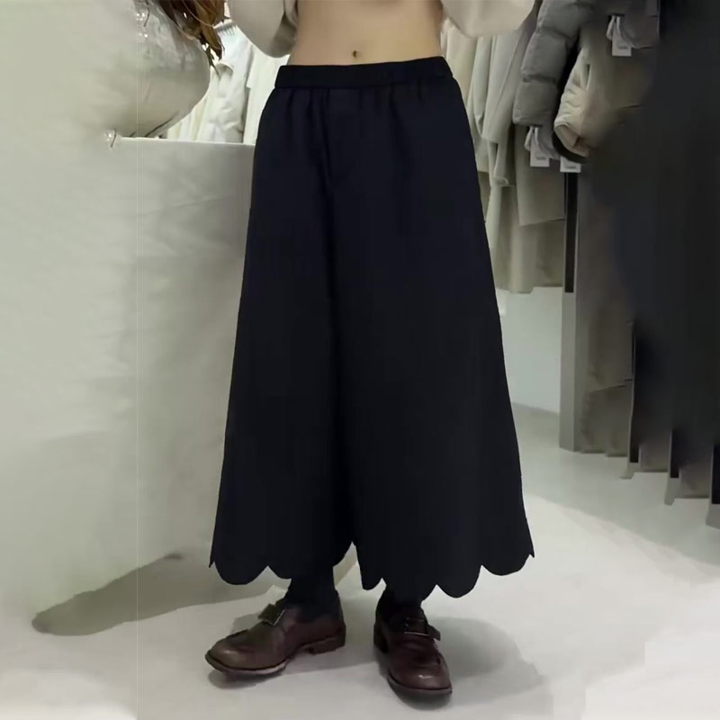 高端定制藏蓝色大码花边阔腿裤女