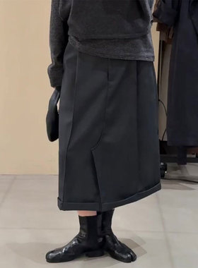 欧货高端定制黑色大码半身裙女2025秋冬新款加厚设计感开叉a字裙