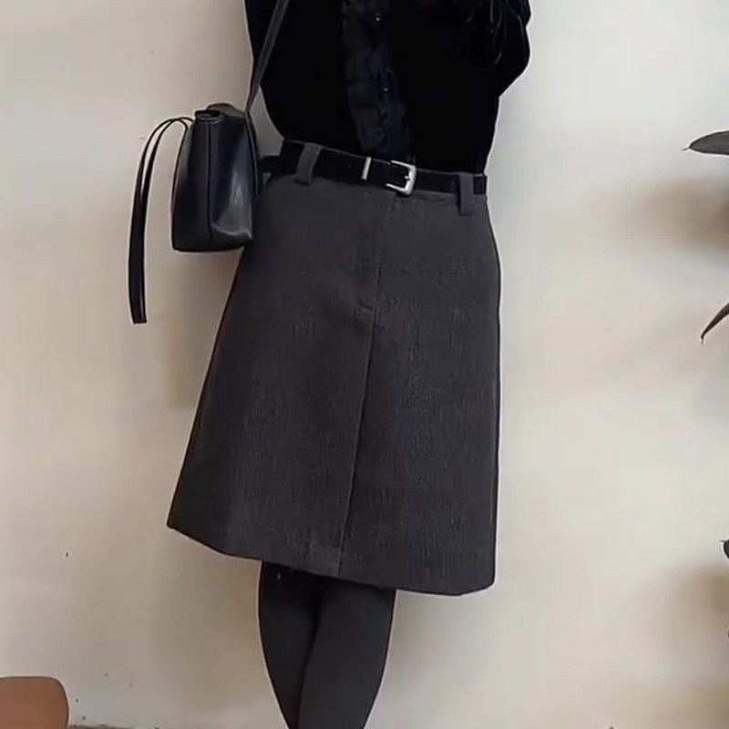 高端定制深灰色毛呢大码半身裙女